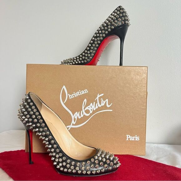 Christian Louboutin Shoes - LOUBOUTIN Black Leather Spike Condora Fifi Pigaelle Round Toe Heels sz. 36.5